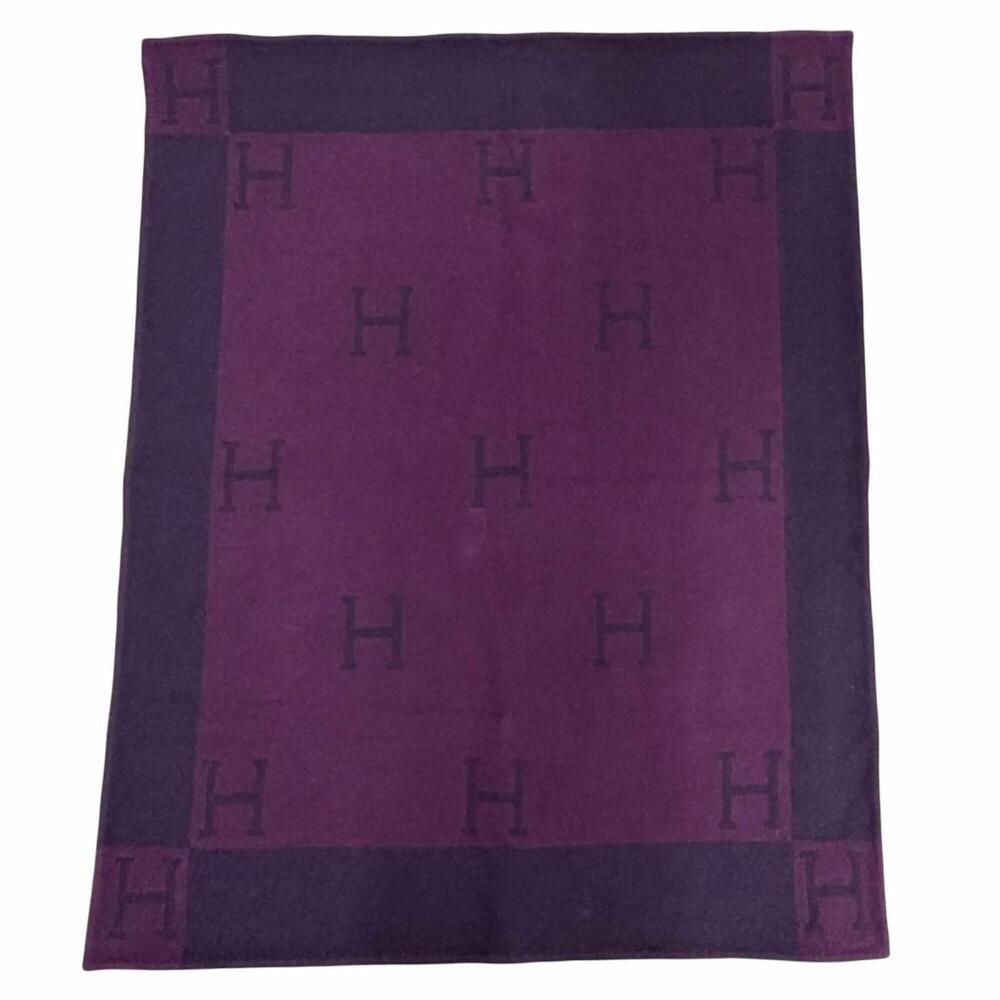 HERMES Vintage Avalon H Logo Cashmere Blend Large Blanket, Purple Tone, Recom...